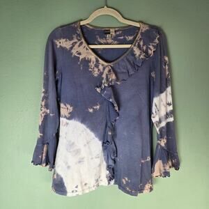 Bambooco Women Medium Top Blouse Blue Tie Dye Ruffle Bead Knit 3/4 Sleeve Indie